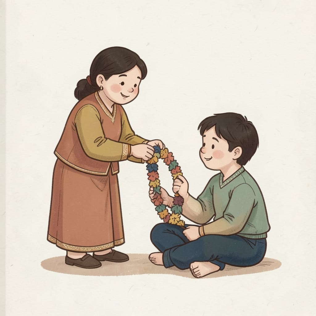 A teacher placing a garland on a hardworking student.