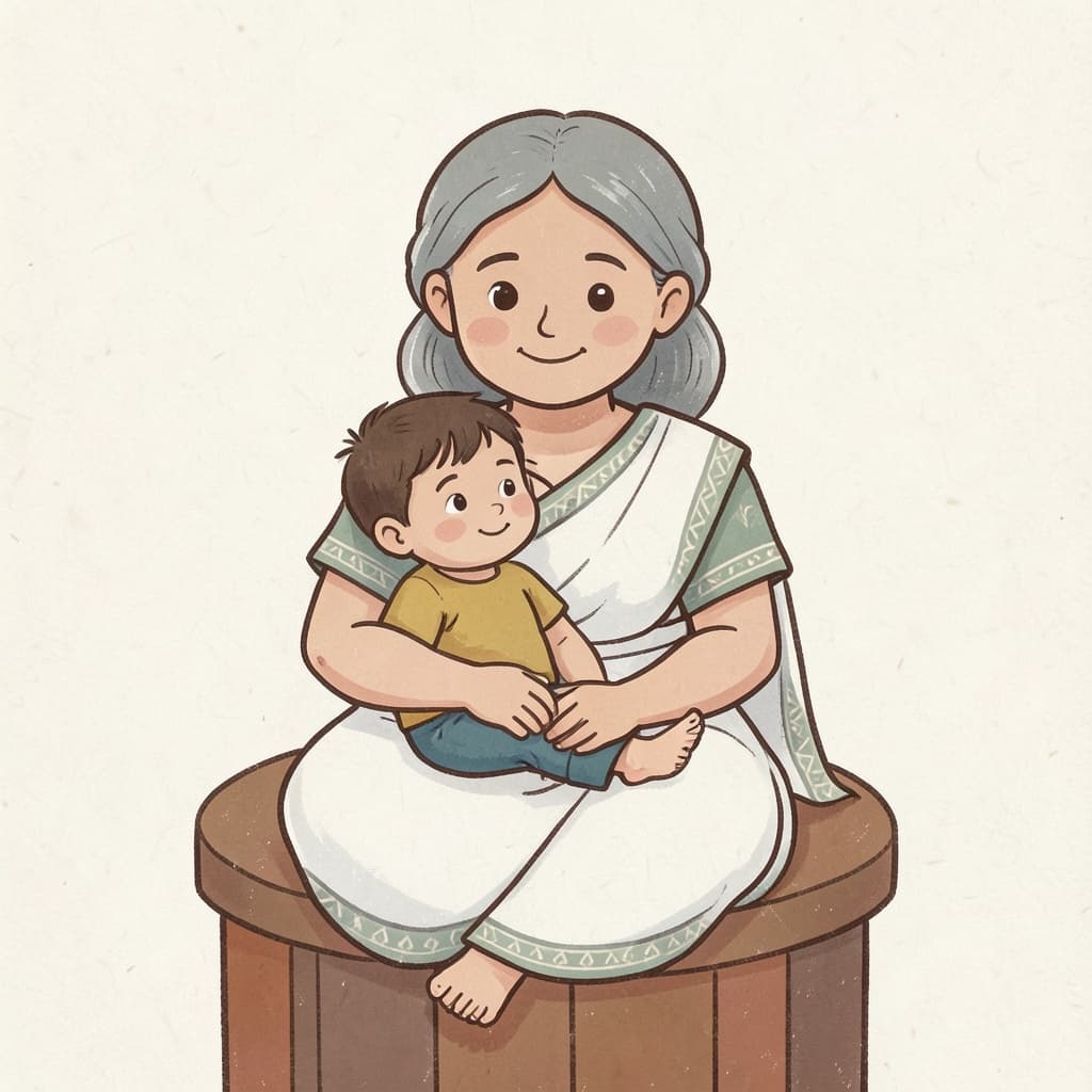 A kind grandmother with grey hair in a white sari holding her small grandson on her lap.
