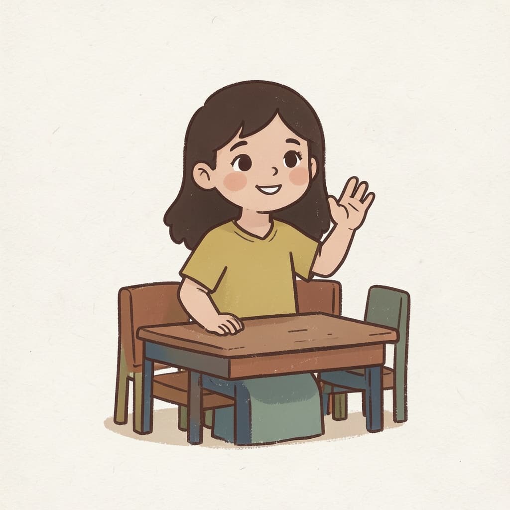 A student raising her hand in class to ask something.