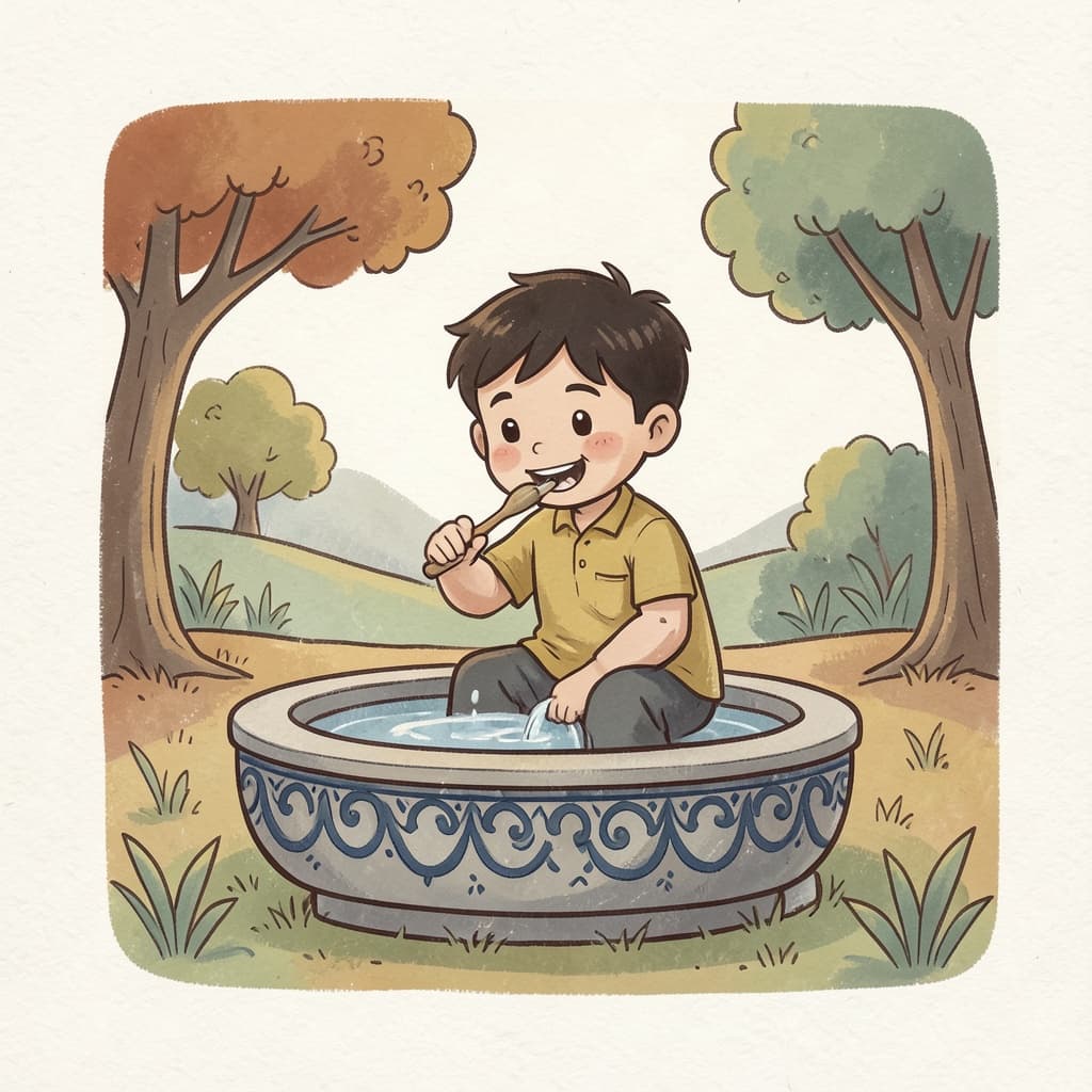 A boy brushing his teeth at a well in the early morning sunshine.