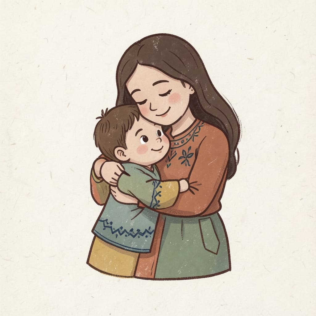 A mother hugging her small child lovingly.
