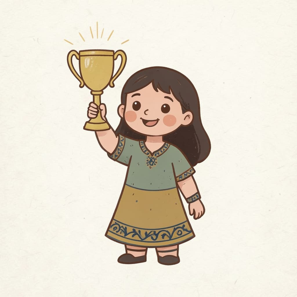 A happy girl holding up a shining trophy.