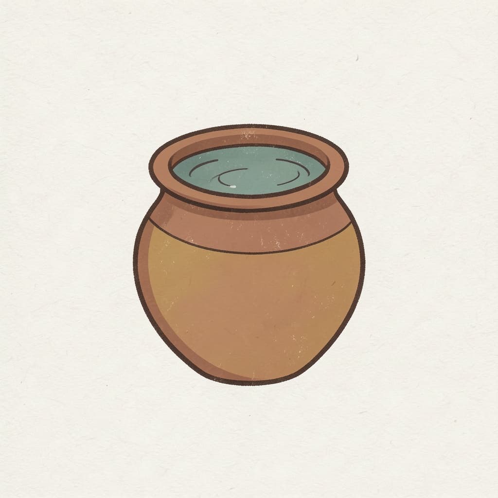 A clay pot filled to the brim with water.