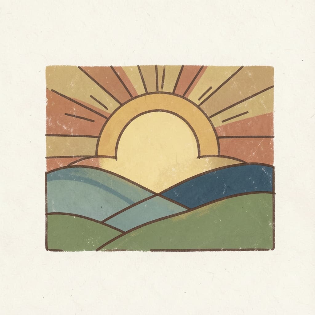 The sun rising on the horizon in the east over green hills.