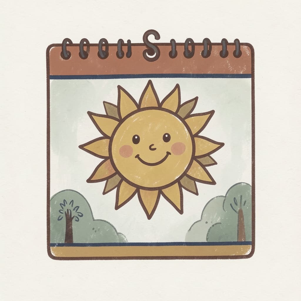 A calendar page with a big smiling sun drawn on it.