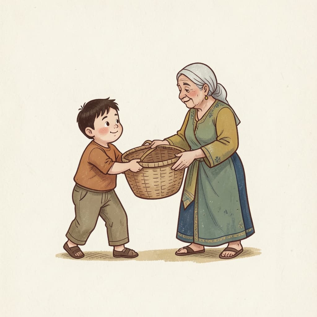 A boy helping an old woman carry a heavy basket.