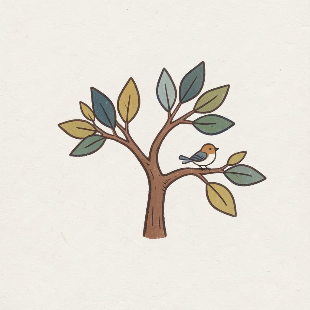 A single tree branch with green leaves and a small bird.