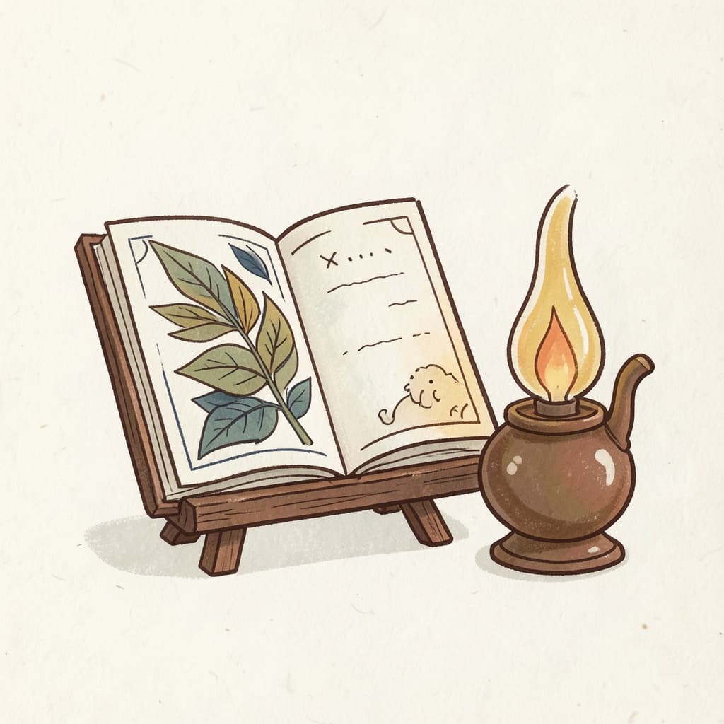 An open palm-leaf manuscript on a wooden stand beside an oil lamp.