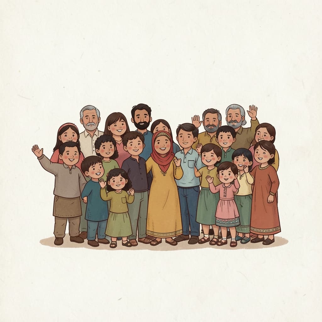A big group of children and grown-ups standing together and waving.