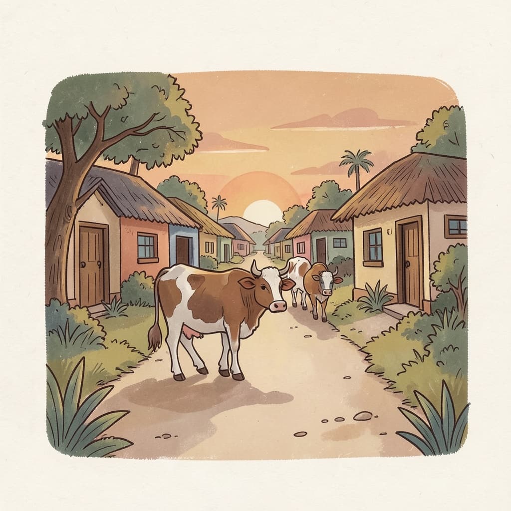 Cows walking home along a village path at sunset.