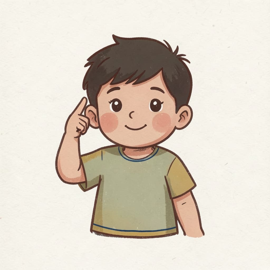 A boy pointing at his own head with one finger.