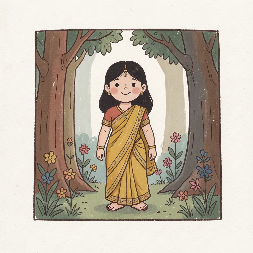 Sita in a simple sari standing in a forest with flowers.