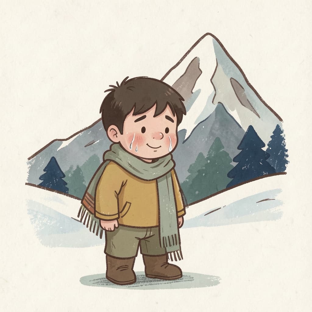 A boy shivering with a shawl around him beside a snowy mountain.