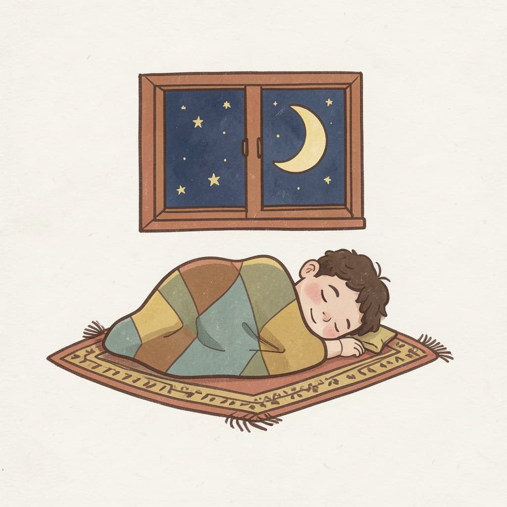 A child sleeping peacefully on a mat under a blanket, a crescent moon and stars outside the window.