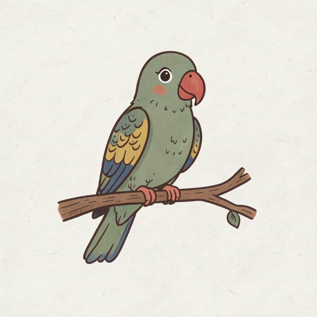 A green parrot with a red beak perched on a branch.