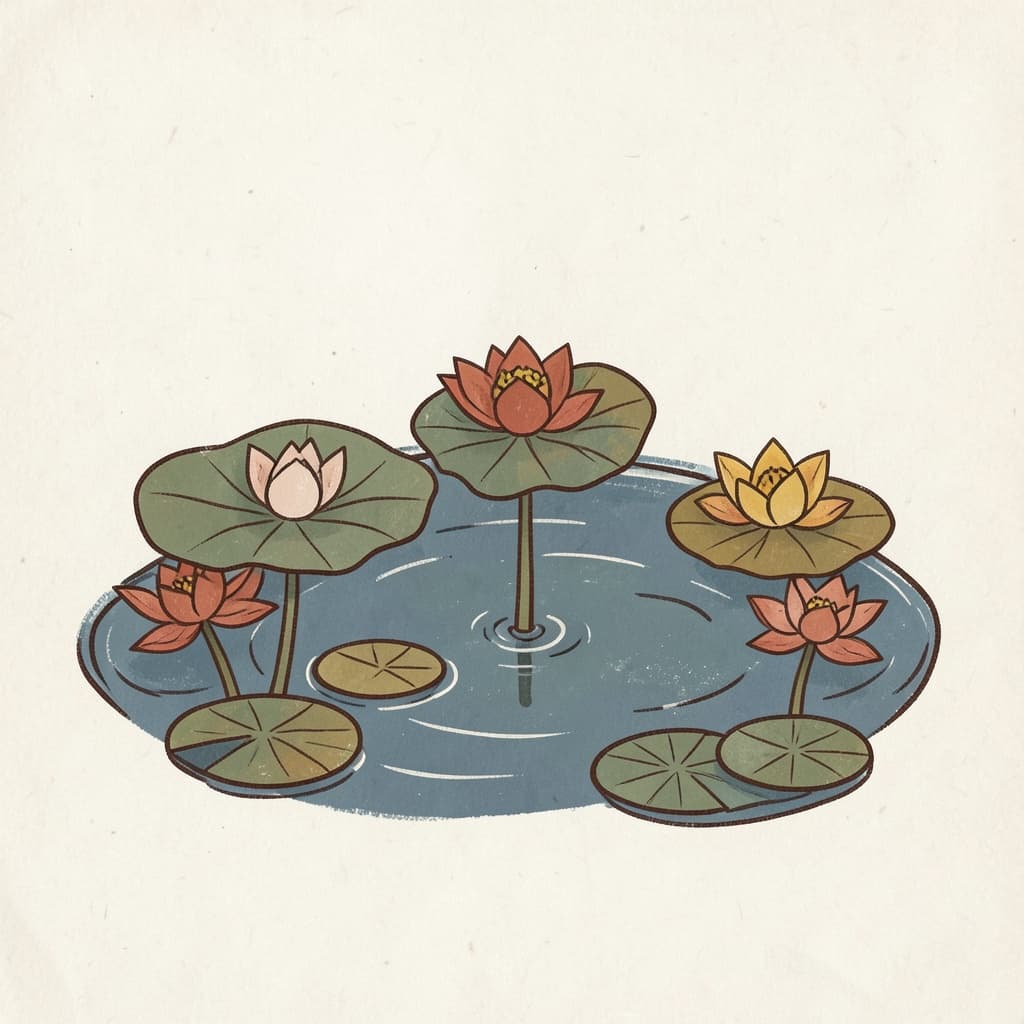 A calm pond with lotus flowers and lily pads.