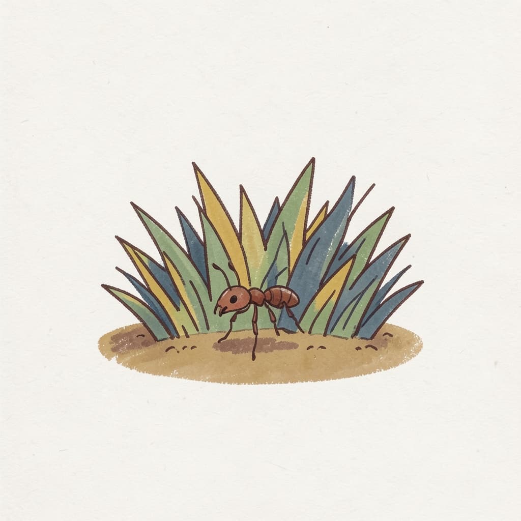 Fresh green grass growing in a small patch with a little ant.