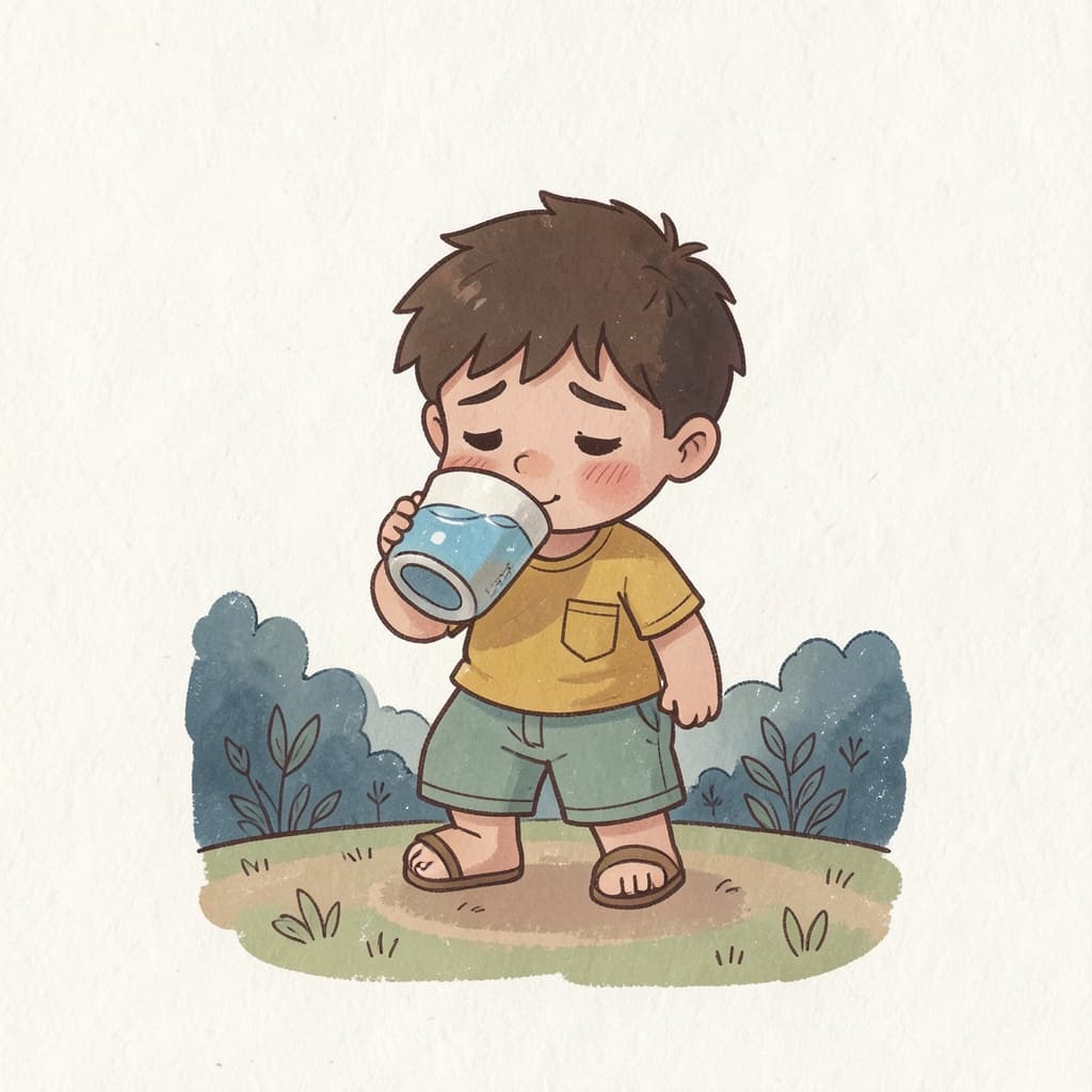 A tired boy in the hot sun drinking water from a cup.