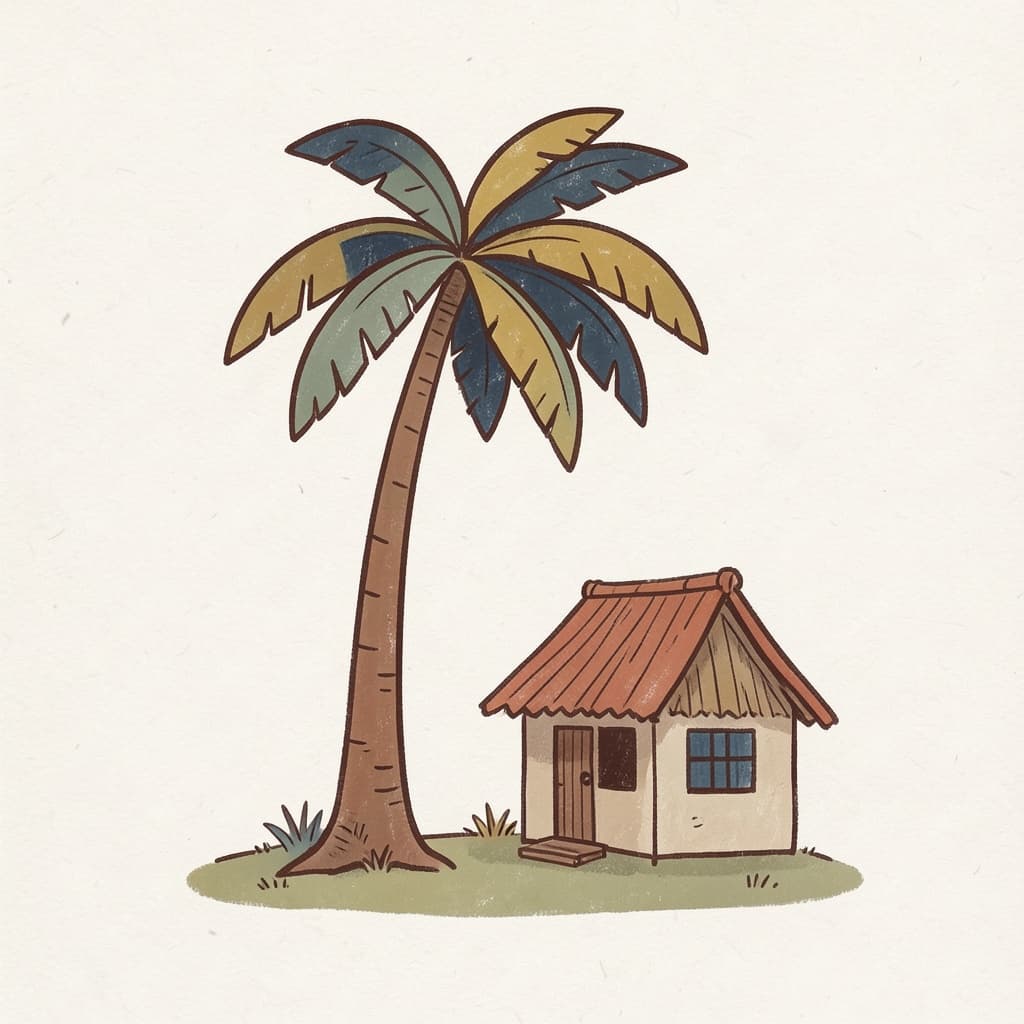 A very tall palm tree next to a small hut.