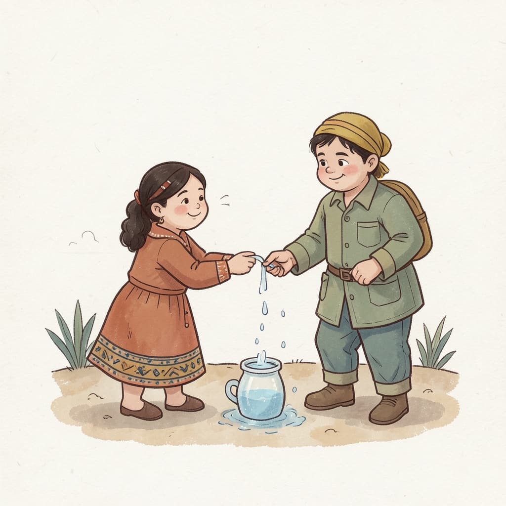A girl giving water to a thirsty traveller.