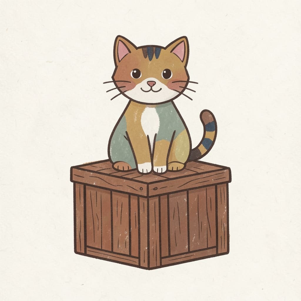 A cat sitting on top of a wooden box.
