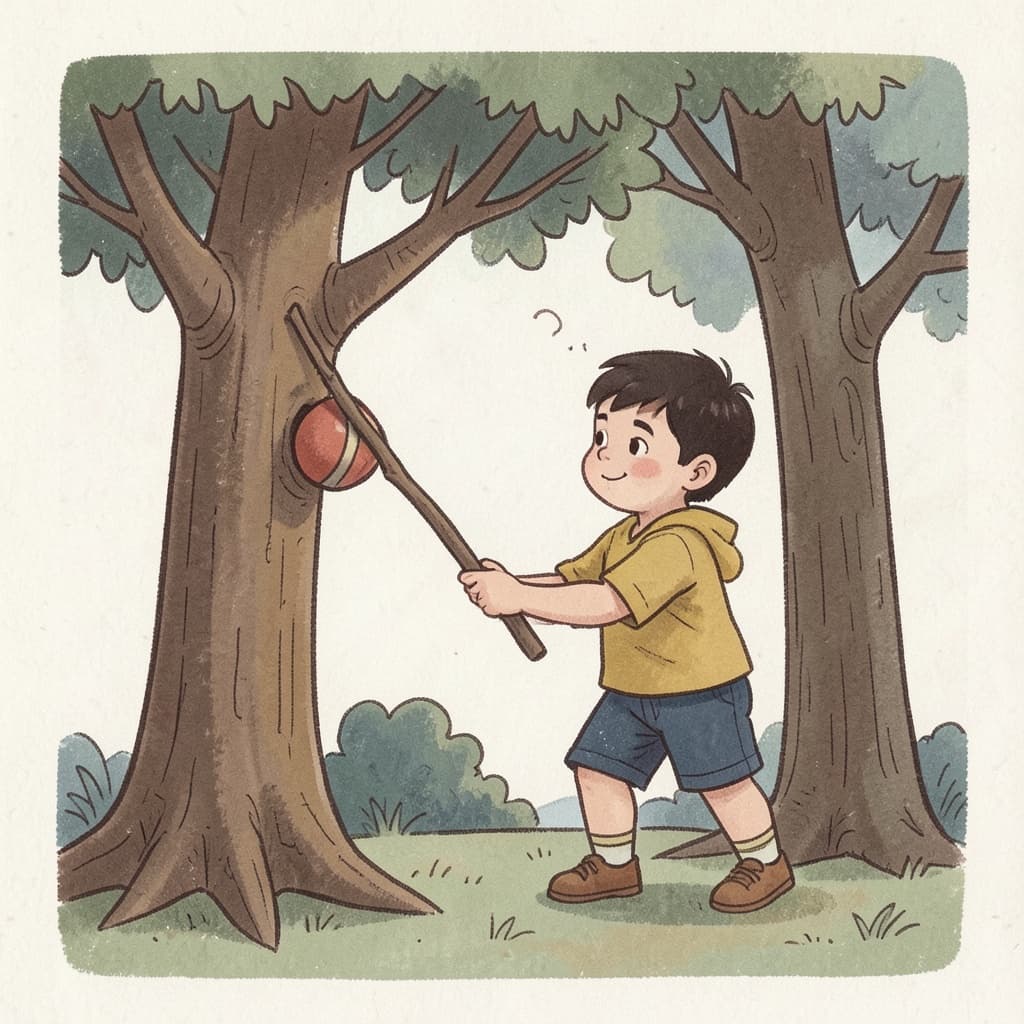 A boy using a stick to get a ball stuck in a tree, thinking cleverly.