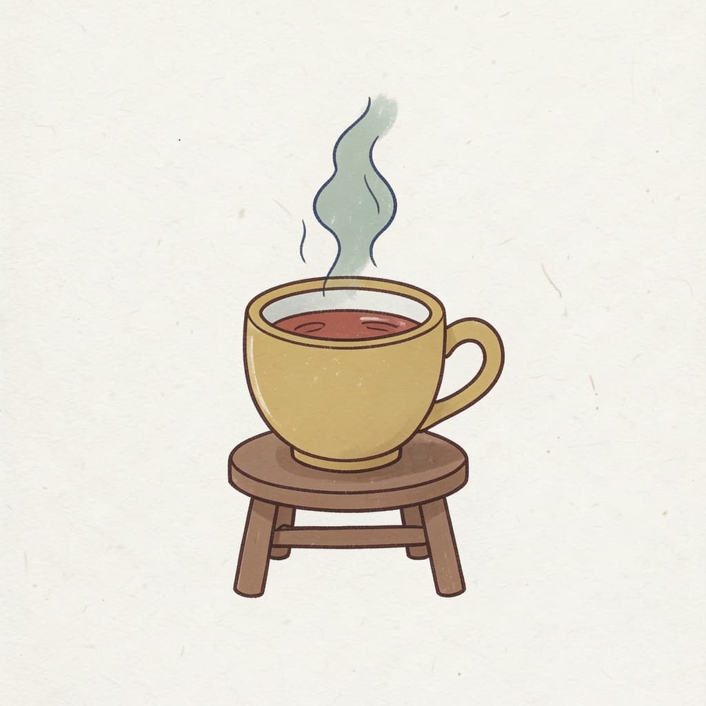 A steaming hot cup of tea on a small stool.