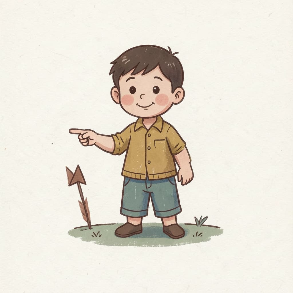 A boy pointing to his left side with an arrow on the ground pointing left.