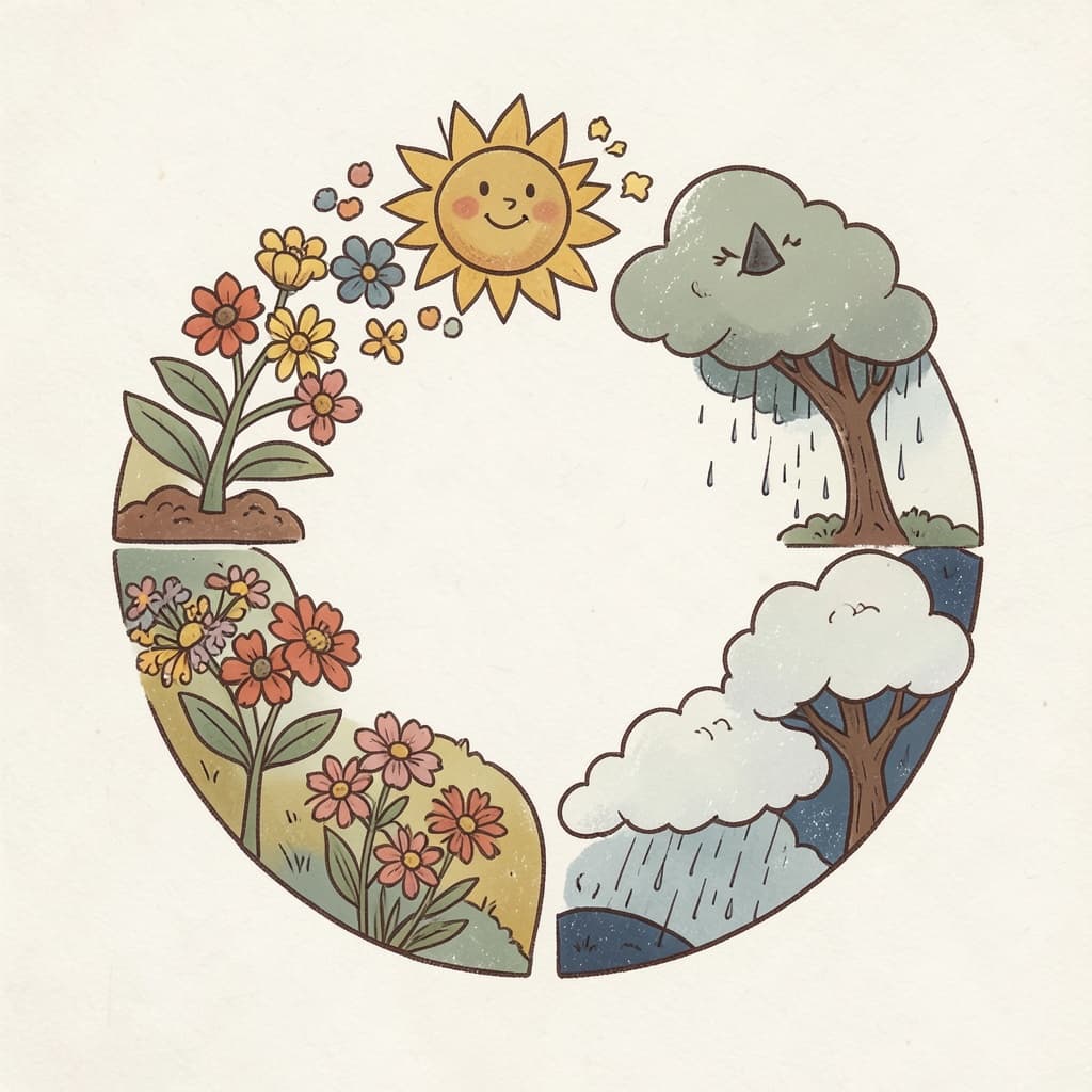 A circle of the four seasons: spring flowers, summer sun, monsoon rain and winter fog.