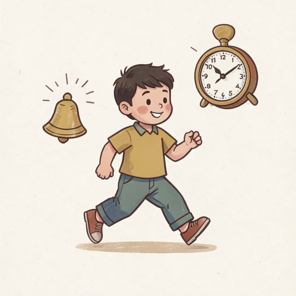A boy running late to school with a ringing bell and a clock.