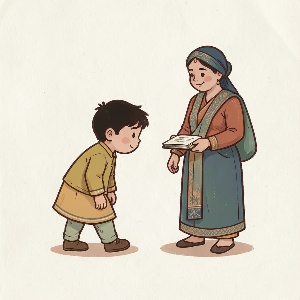 A young student bowing respectfully before a teacher.