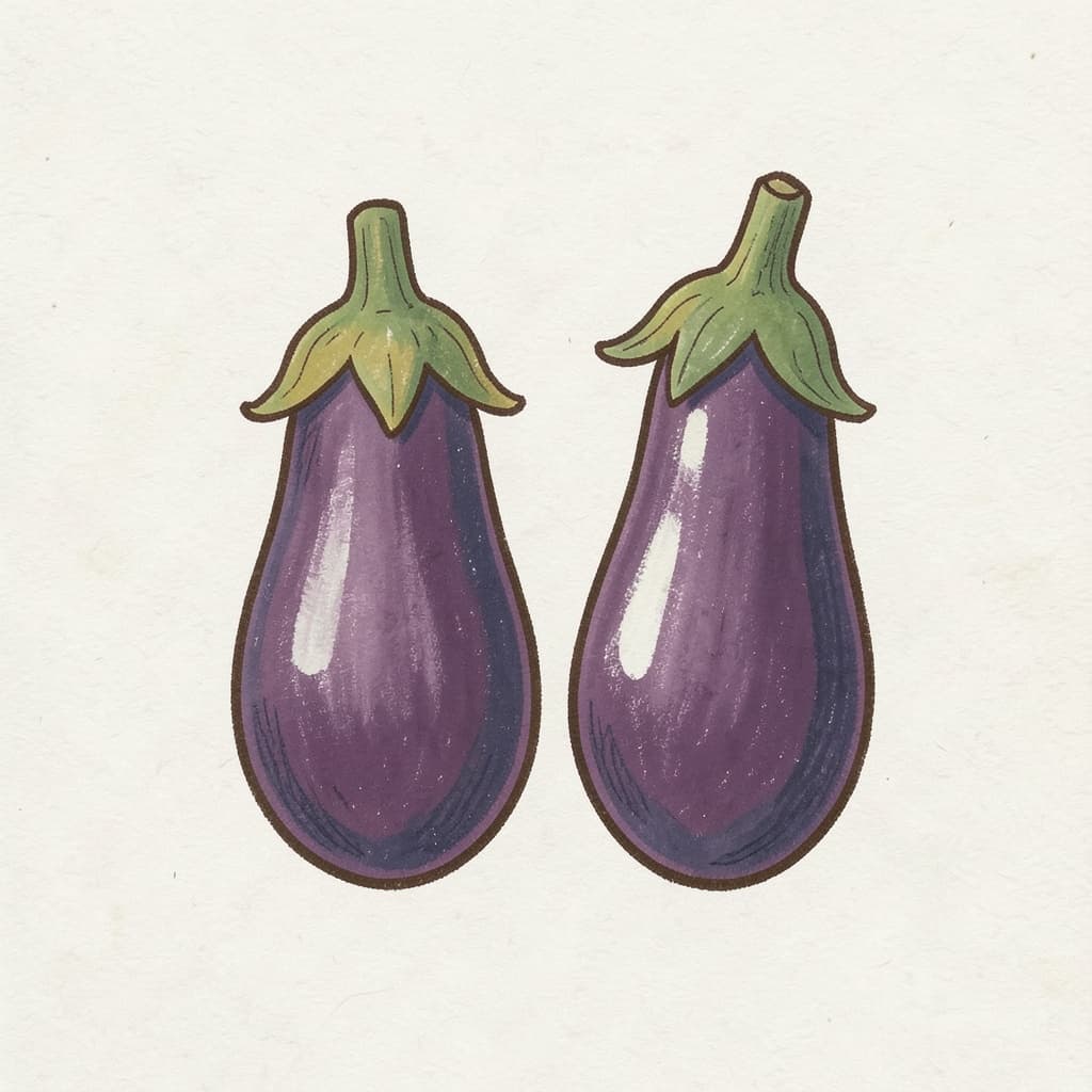 Two shiny purple aubergines with green caps.