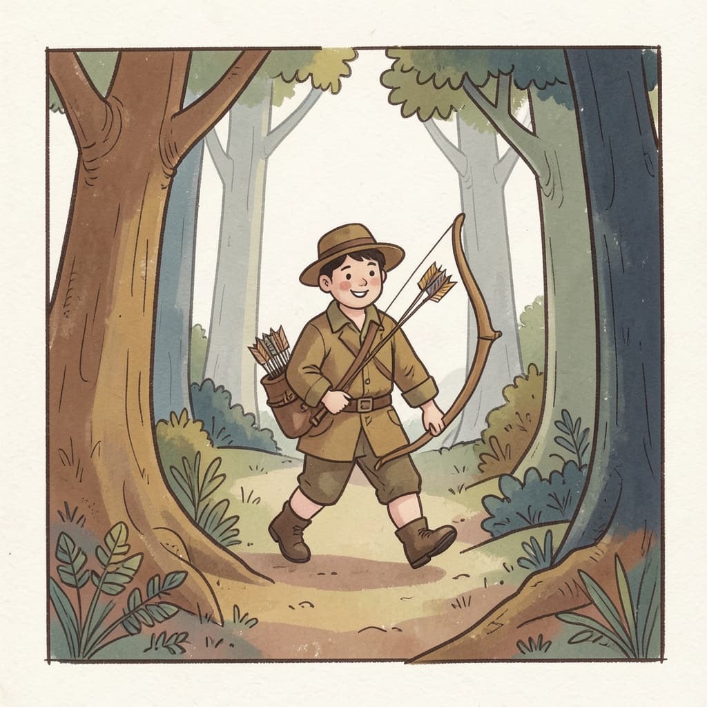 A hunter with a bow and a quiver of arrows walking through a forest.