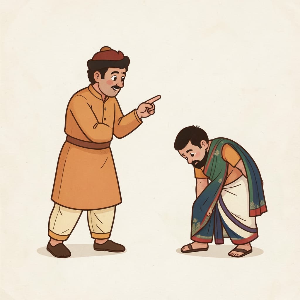 आणा (आज्ञा · command): A king pointing his finger, giving an order to a guard who bows.