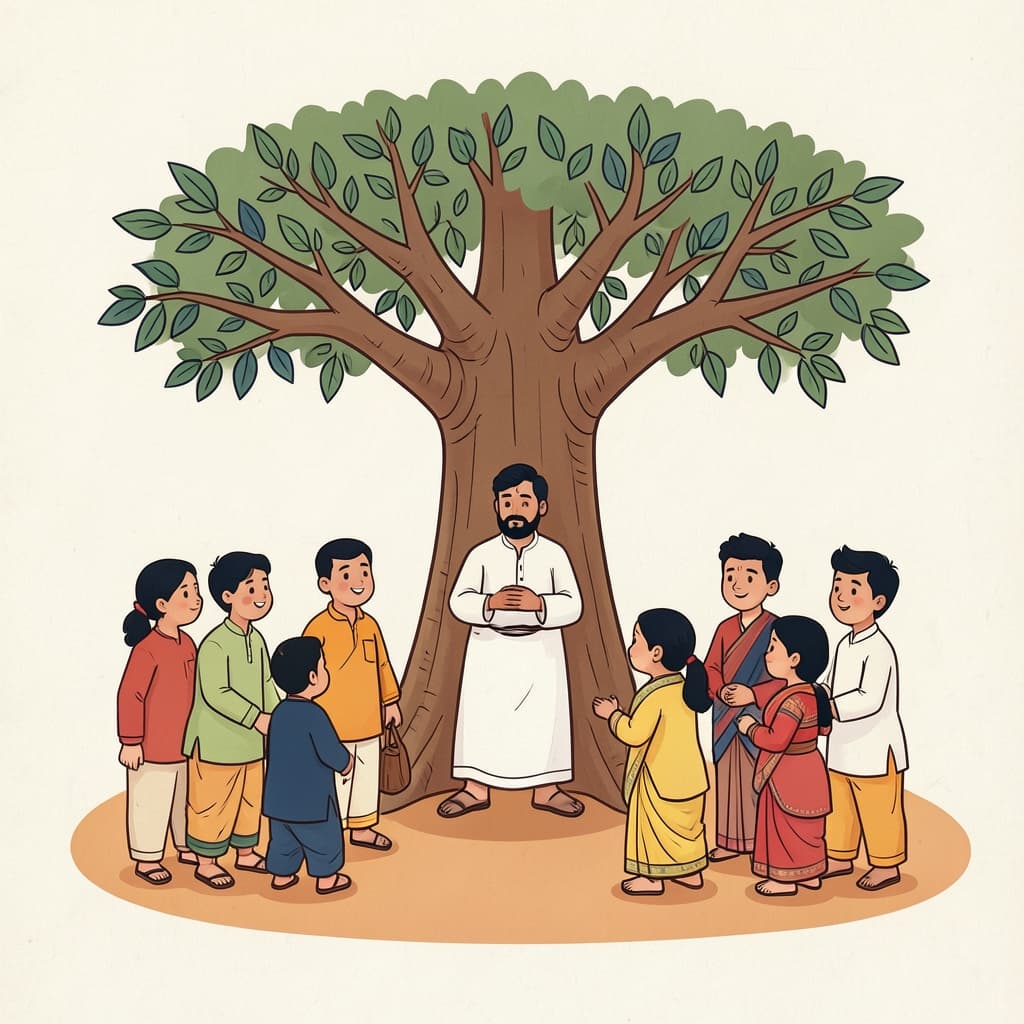 आयरिअ (आचार्य · teacher): A revered teacher in white robes teaching a group of students under a banyan tree.