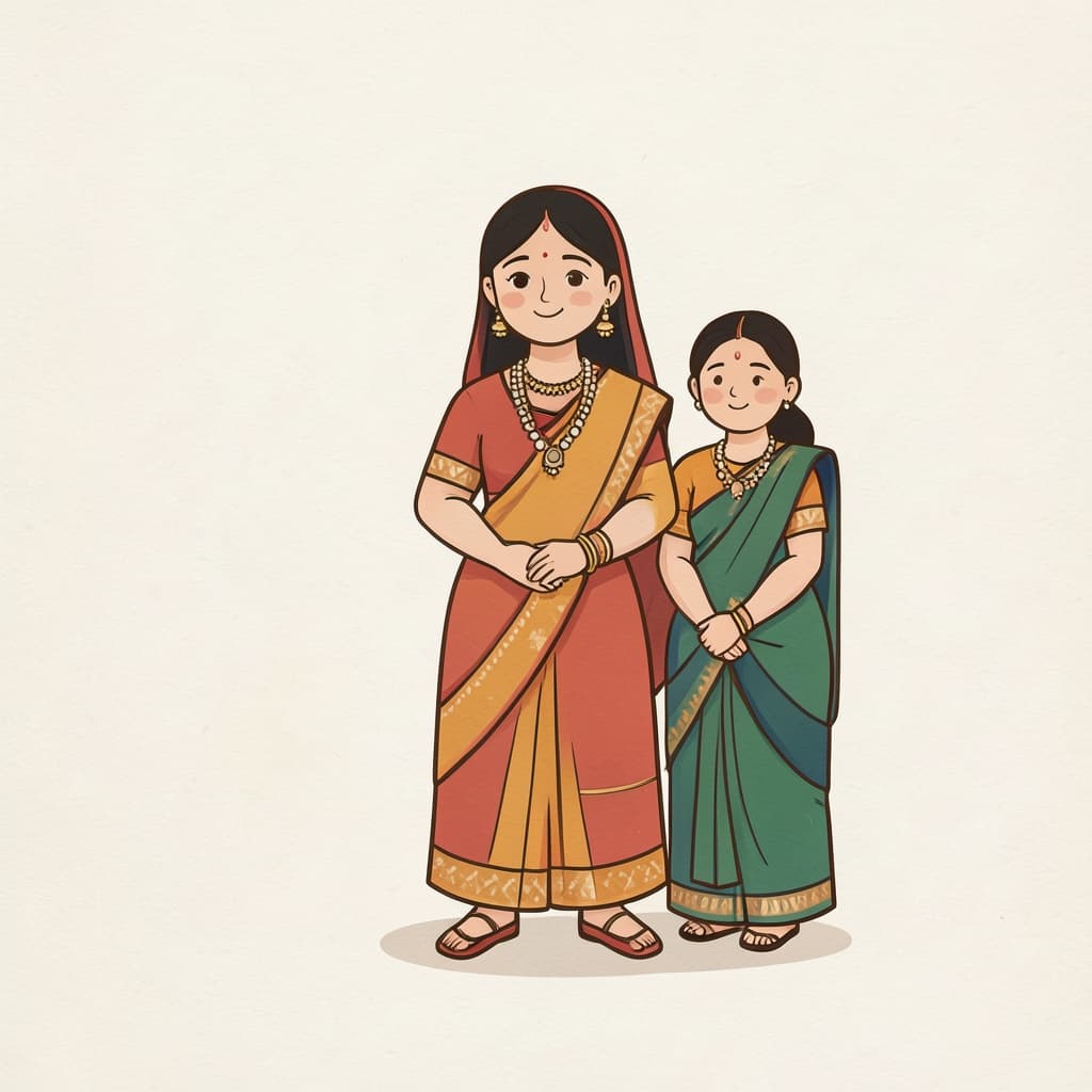बहू (बहू · bride): A bride in a red sari with jewellery.