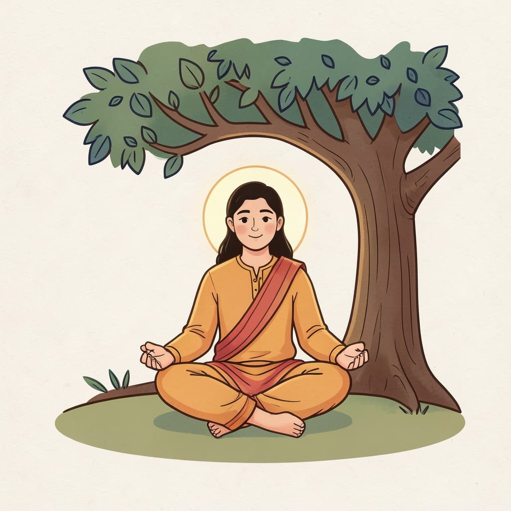 भगवंत (भगवान · the Lord): A serene holy figure meditating in the lotus position under a tree with a soft halo.