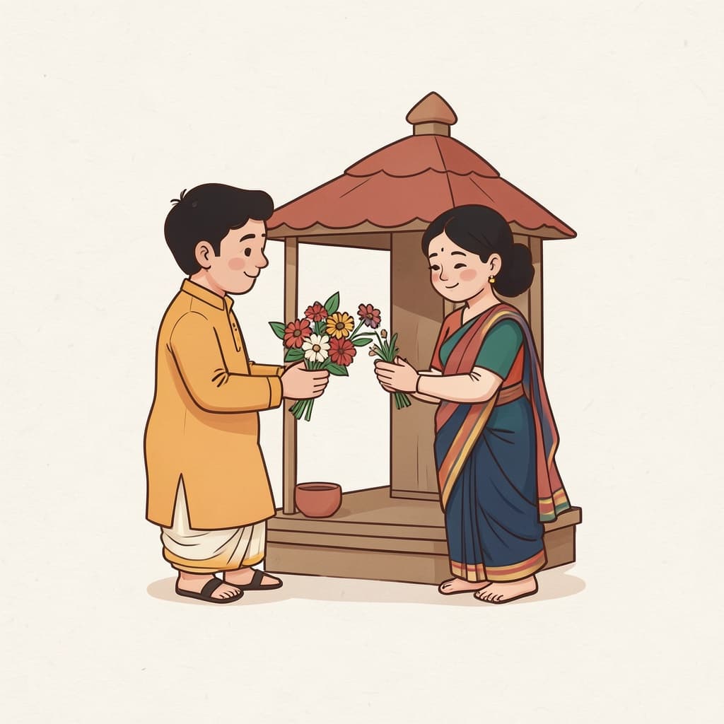 भत्ति (भक्ति · devotion): A devotee offering flowers with folded hands at a small shrine.