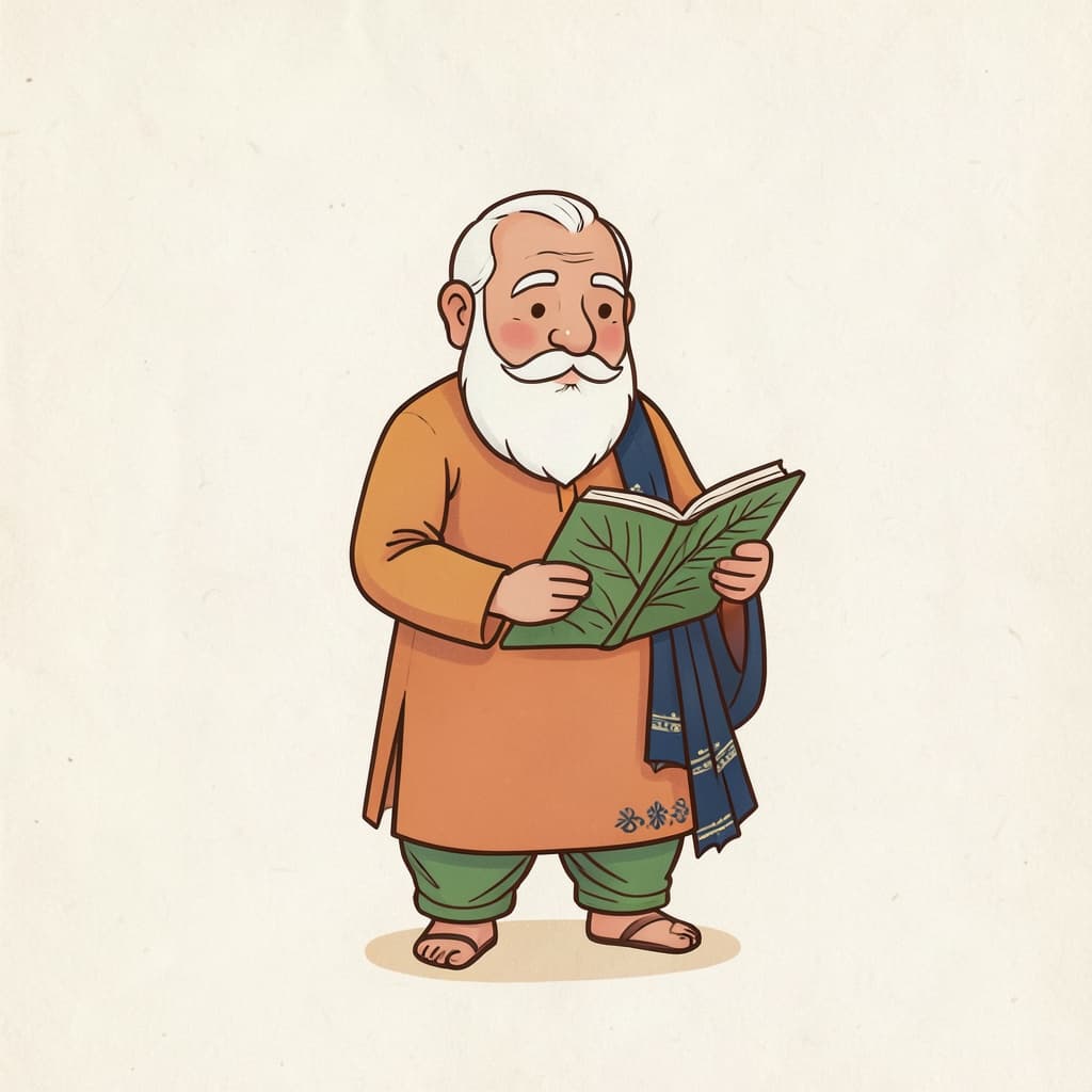 बुह (बुद्धिमान · wise man): An old wise man with a white beard holding a palm-leaf manuscript, deep in thought.