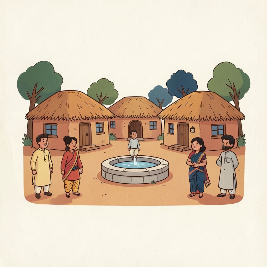गाम (गाँव · village): A small village with mud huts, thatched roofs and a well in the middle.