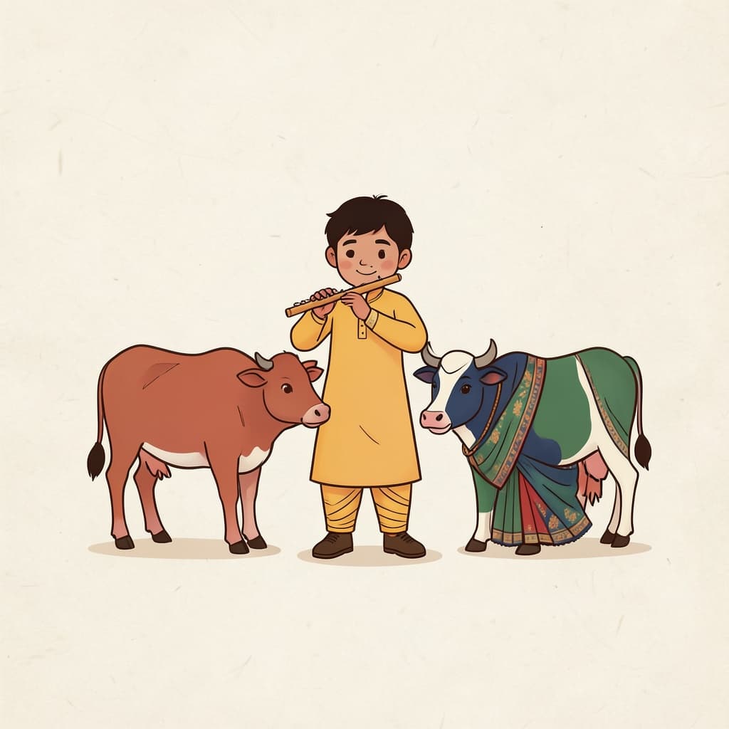 गोव (ग्वाला · cowherd): A cowherd boy playing a flute while leading two cows.