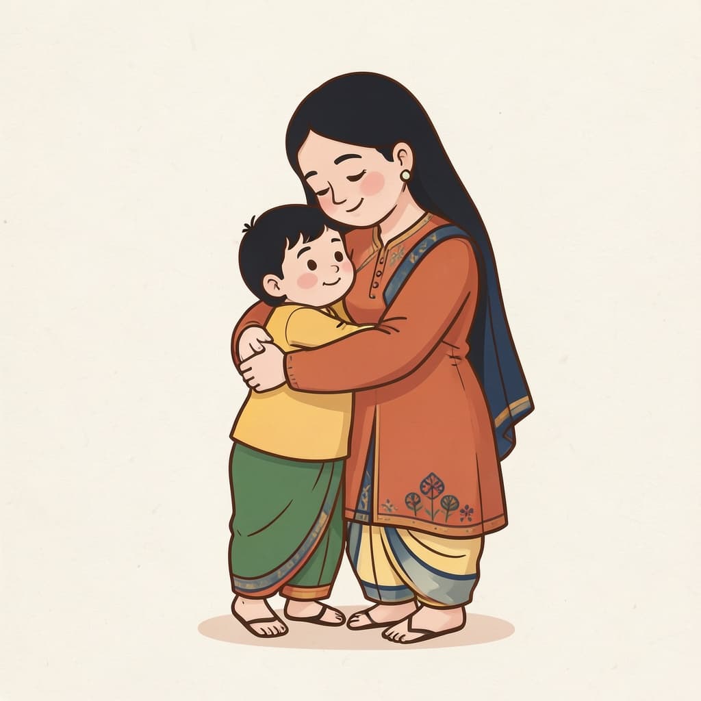 माआ (माता · mother): A loving mother hugging her small child.