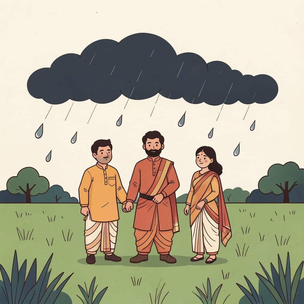 मेह (बादल · cloud): Dark rain clouds over green fields with a few raindrops falling.