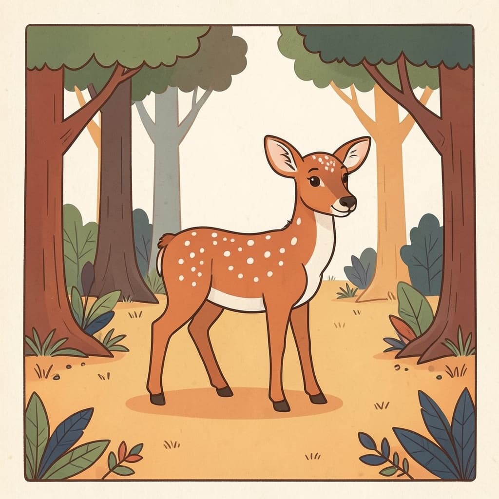 मिअ (मृग · deer): A spotted deer standing alert in a forest clearing.