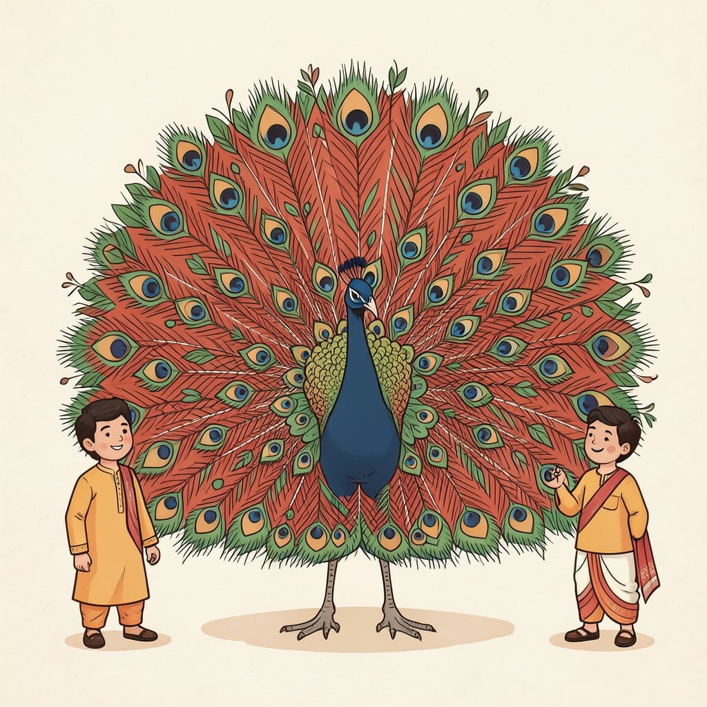 मोर (मोर · peacock): A peacock with its colourful tail fully spread.