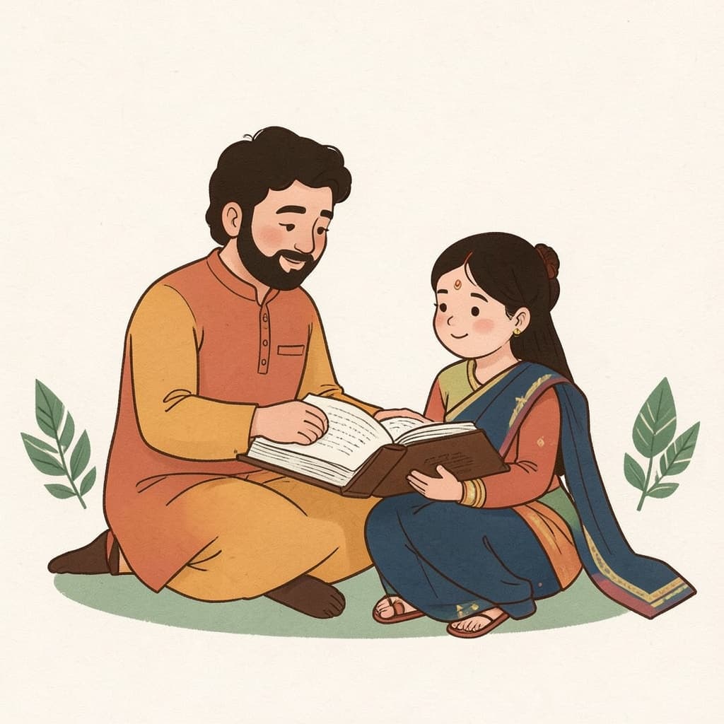 पिउ (पिता · father): A father reading a story book to his daughter.