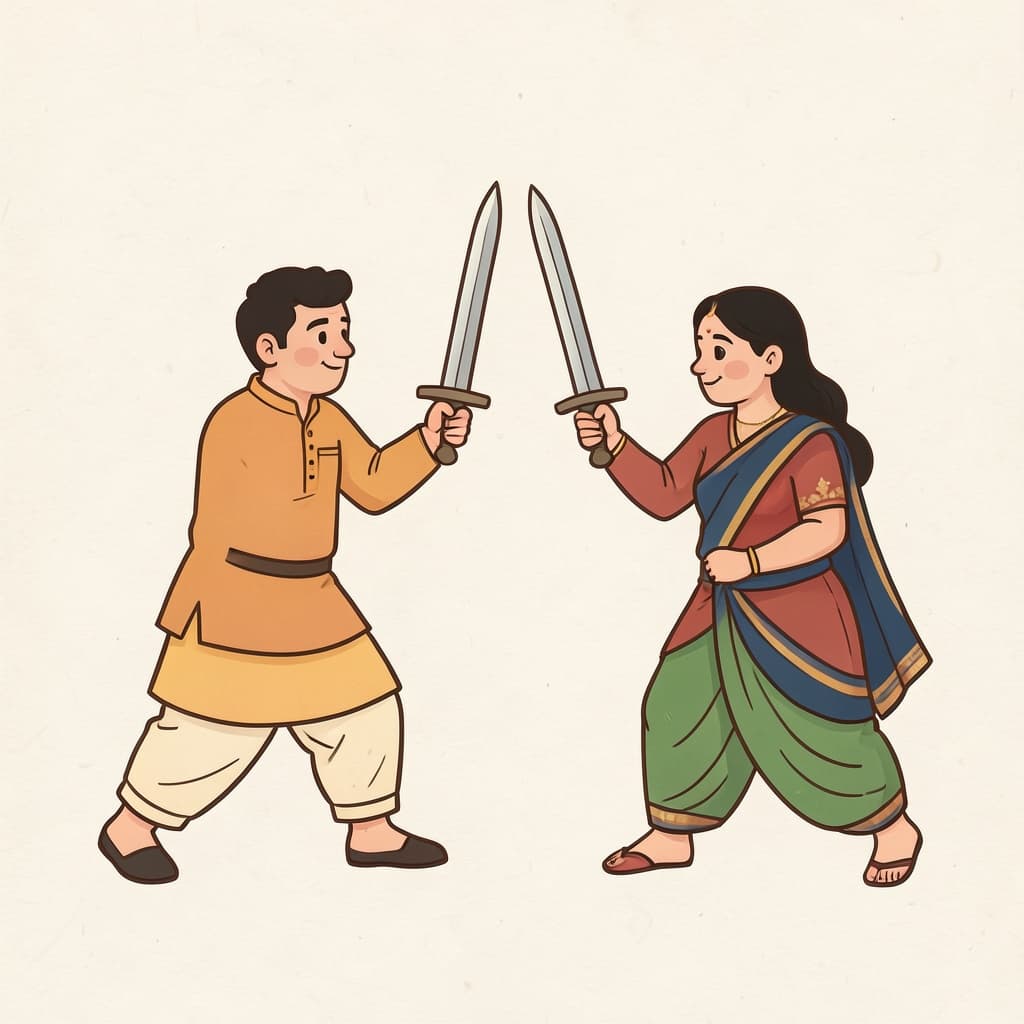 रिउ (शत्रु · enemy): Two warriors facing each other with raised swords, ready to fight.