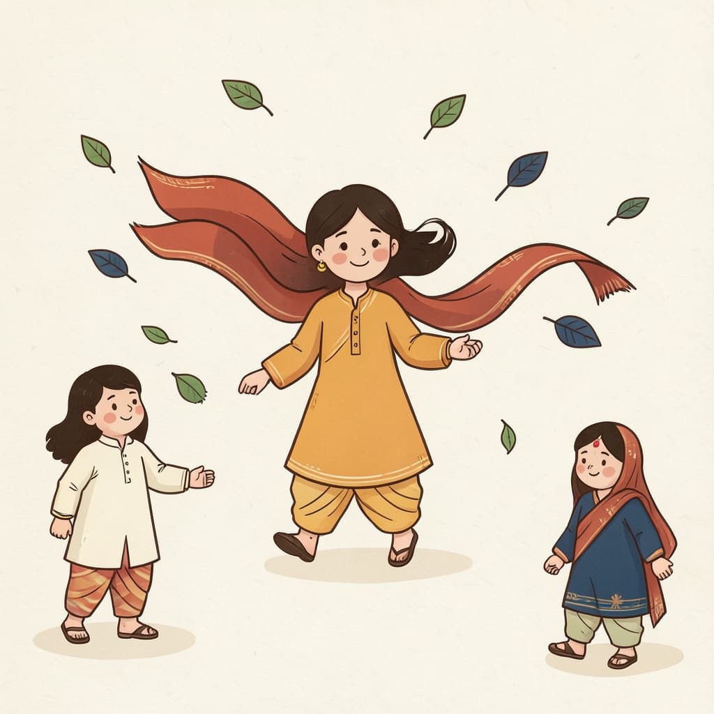 वाउ (हवा · wind): Strong wind blowing leaves and a girl's scarf through the air.